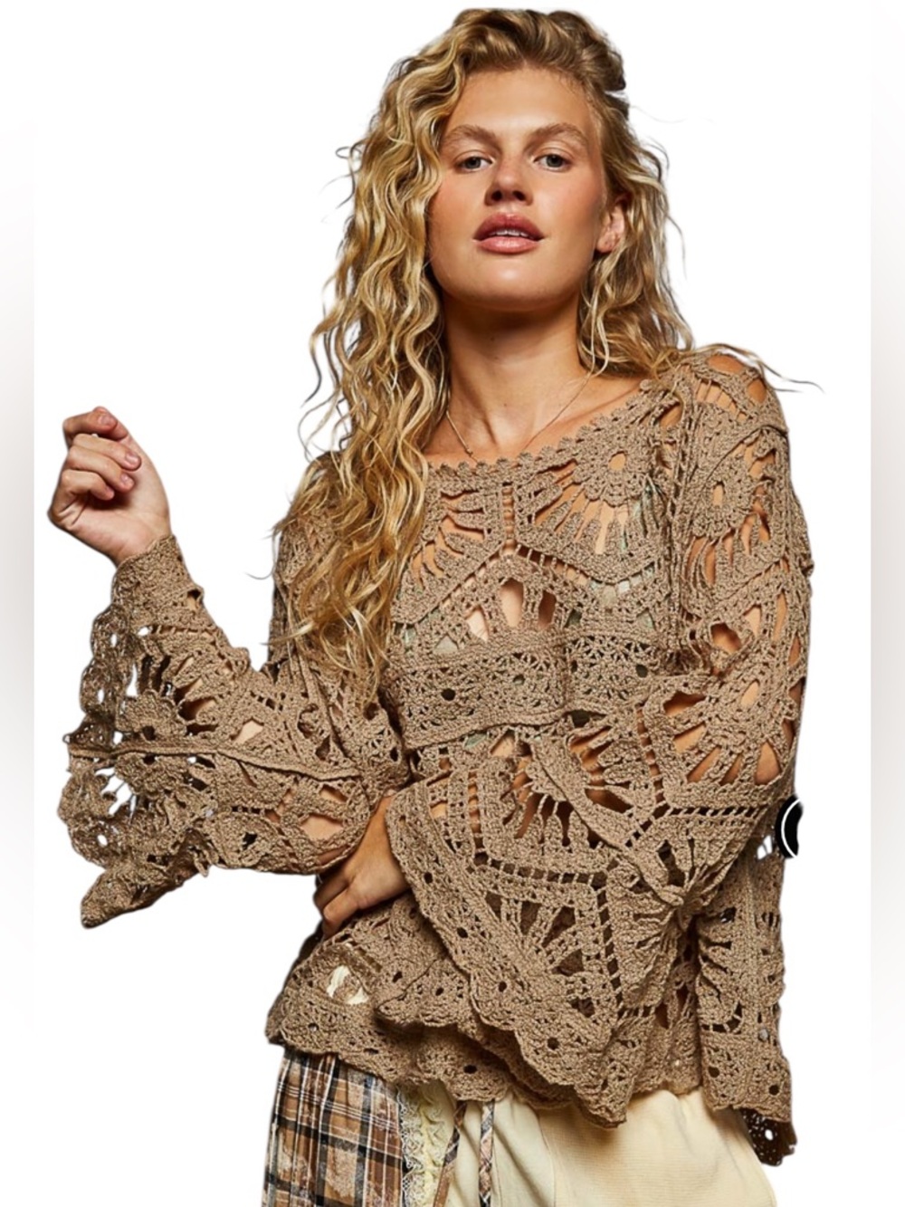 POL Tan  Crochet Knit Round Neck 3/4 Bell Sleeve Top